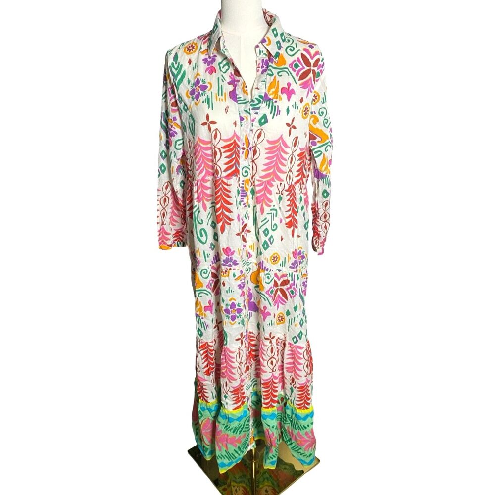 Zara Multicolor Floral Printed Cotton Tiered Maxi Shirt Dress L Boho Cottagecore